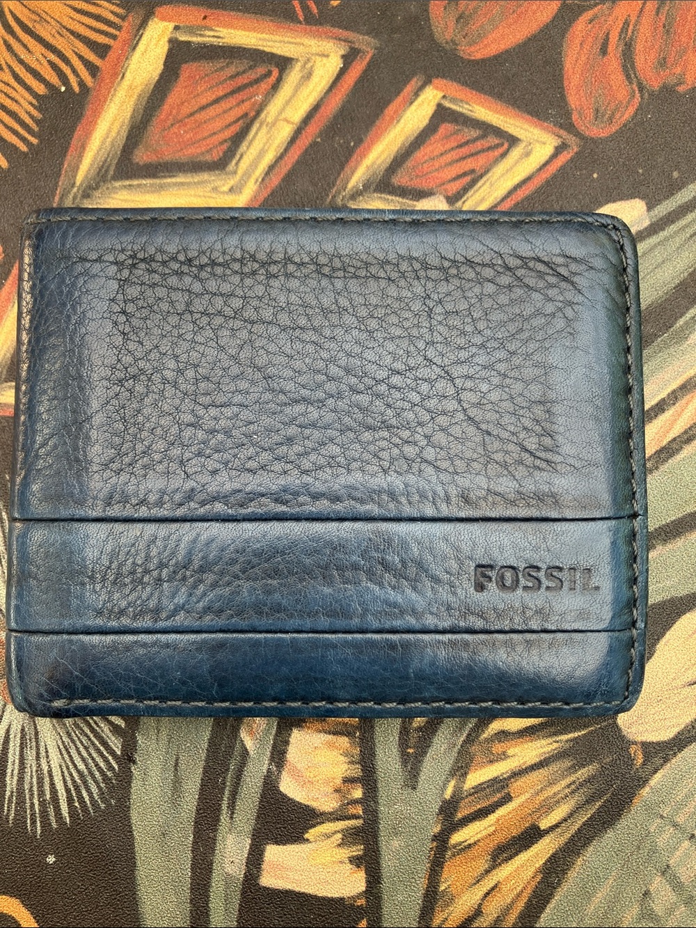 Vintage Fossil Navy Blue Leather Mens Tri Fold Wallet